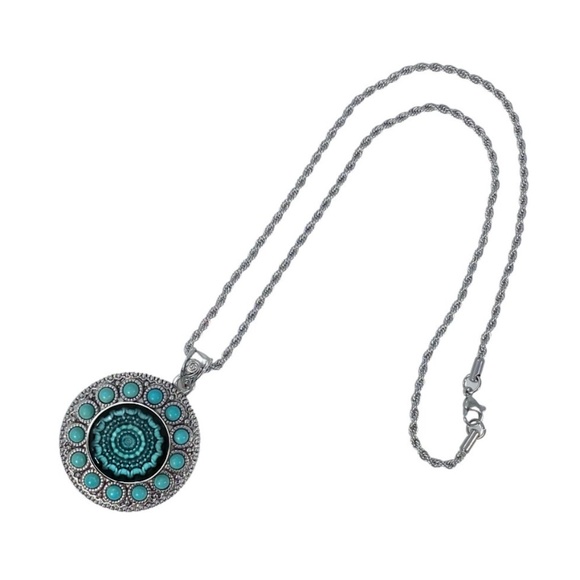 Snap Charm Pendant Necklace with Stainless Steel Chain and Turquoise Snap - Picture 2 of 8